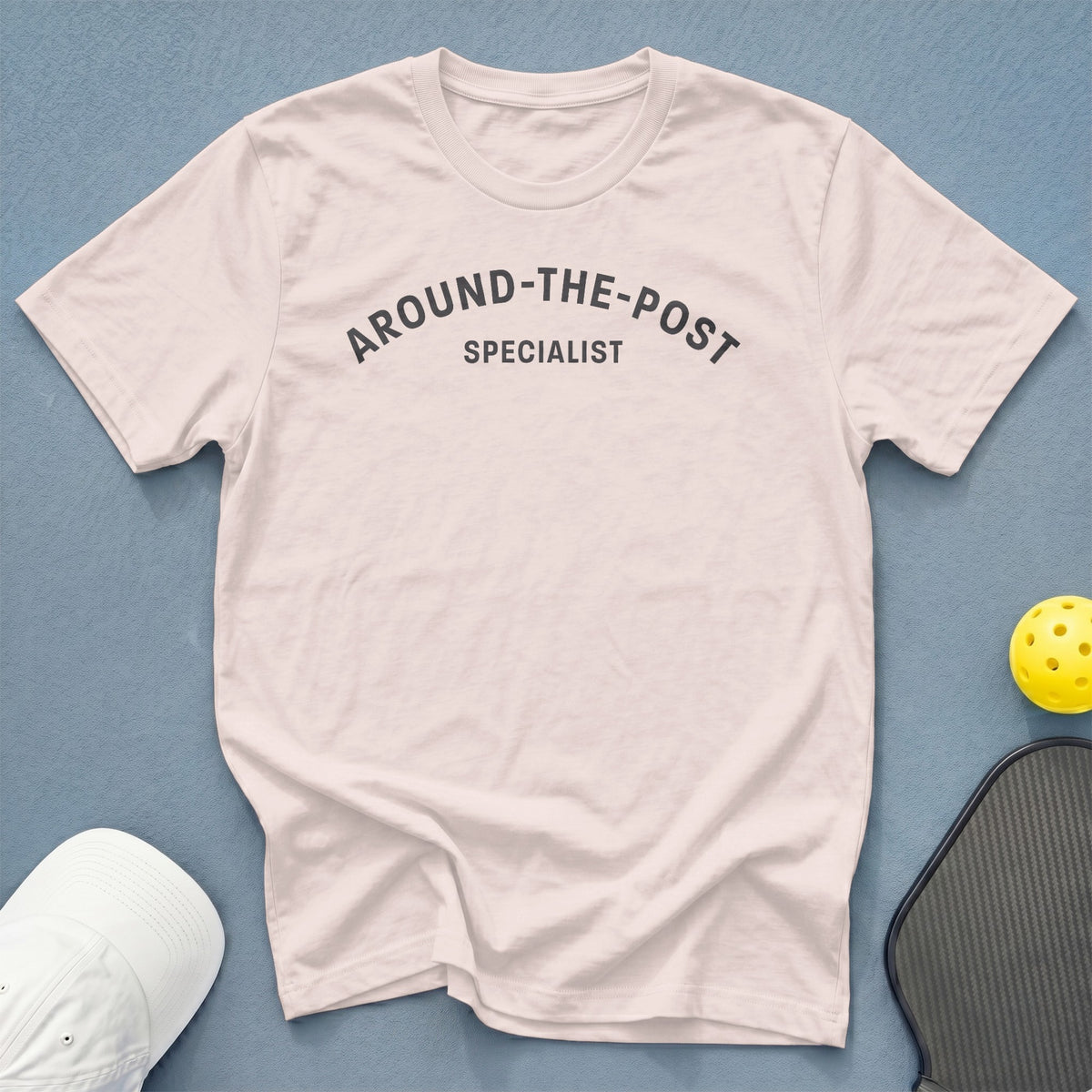 White t-shirt with "AROUND-THE-POST SPECIALIST" text.