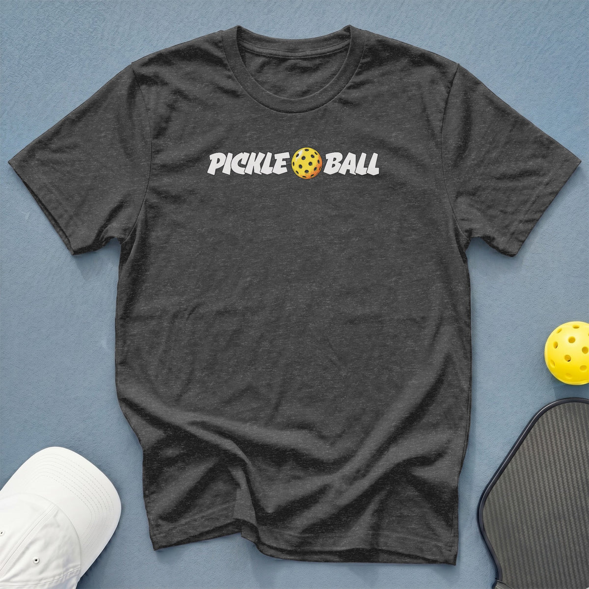 Dark grey t-shirt with "PICKLE BALL" text and a pickleball graphic.