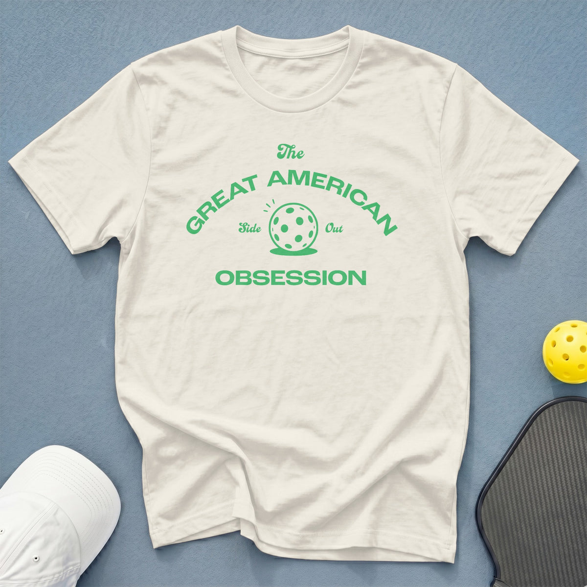 Cream t-shirt with "The Great American Side Out Obsession" pickleball graphic.