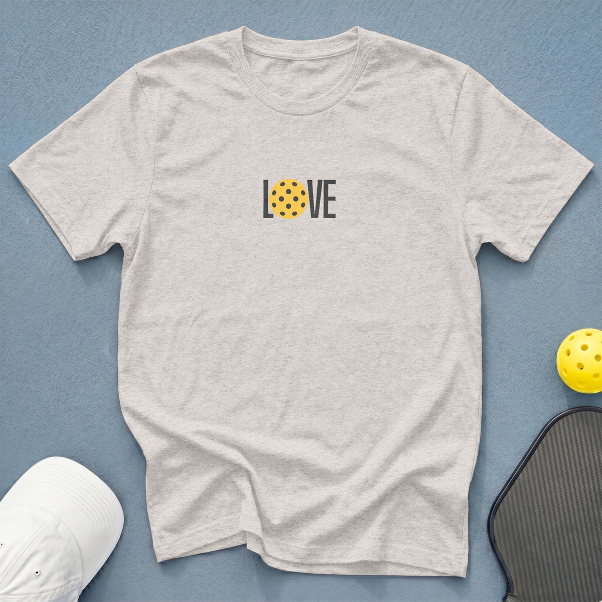 Light grey t-shirt with "LOVE" text featuring a pickleball graphic.
