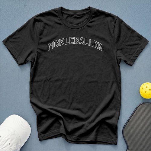 Black t-shirt with white "PICKLEBALLER" text, pickleball, and paddle.
