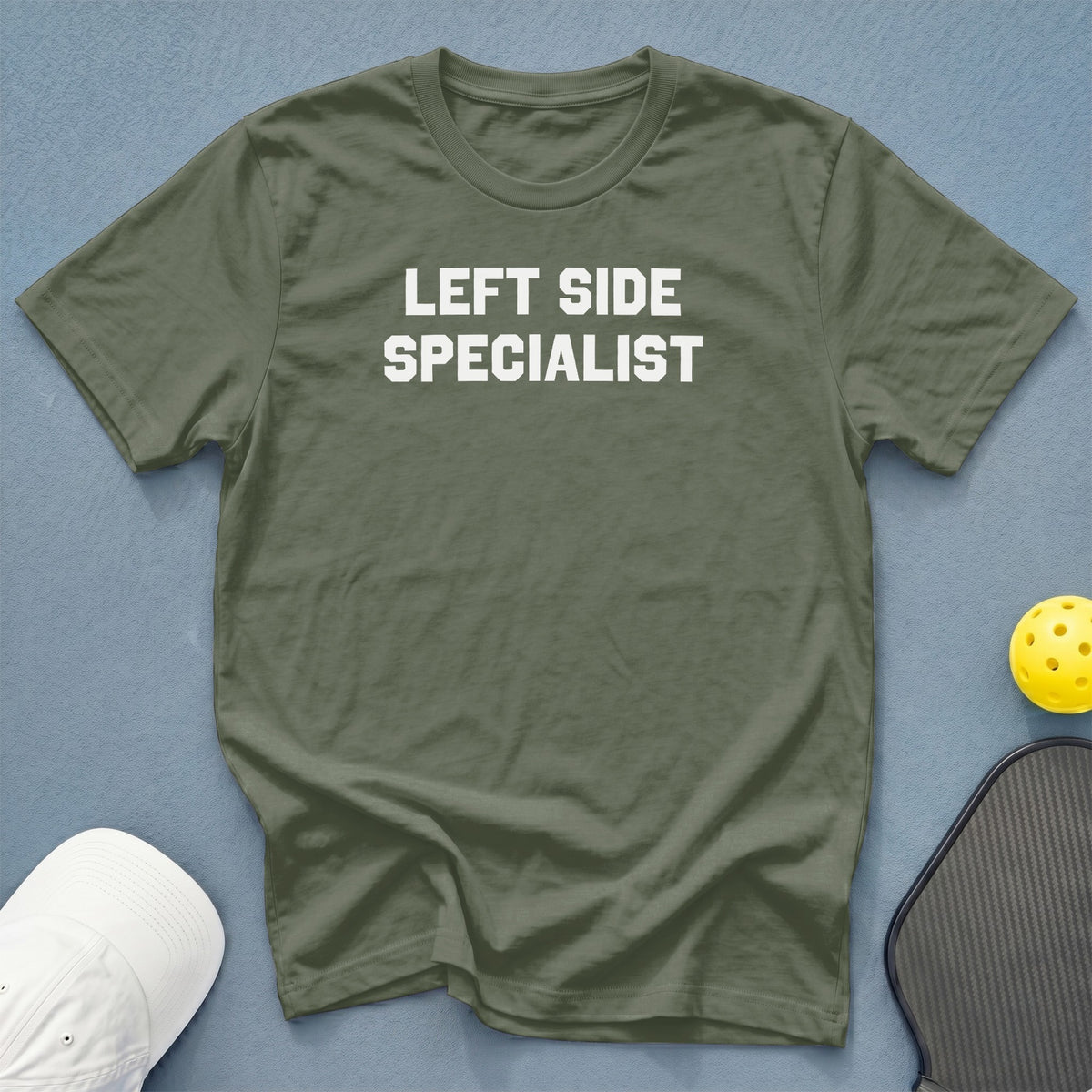 Olive green t-shirt with white text reading "LEFT SIDE SPECIALIST".