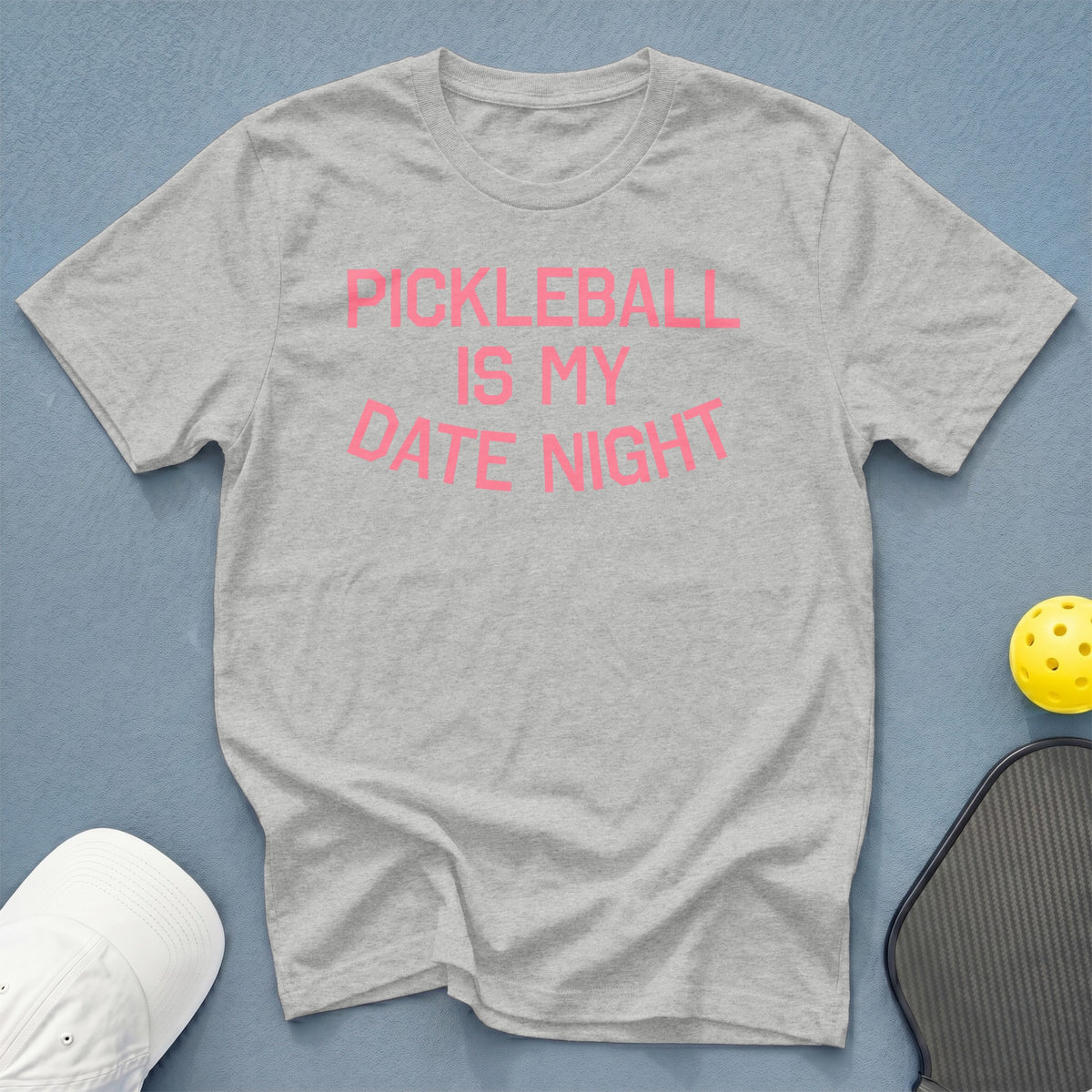 Grey t-shirt with pink text reading "Pickleball Is My Date Night".