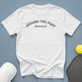 White t-shirt with "AROUND-THE-POST SPECIALIST" text and pickleball gear.
