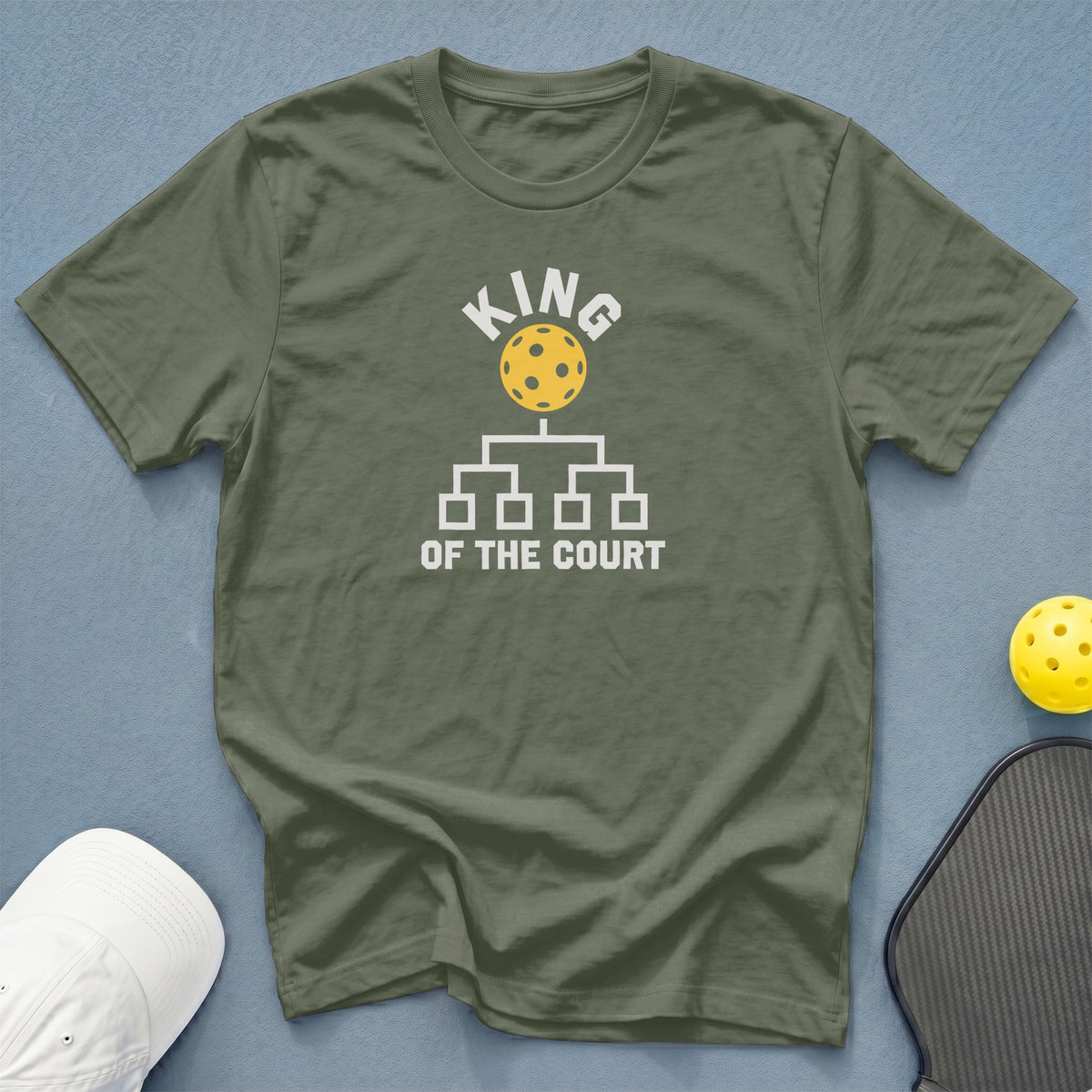 Olive t-shirt with "King of the Court" pickleball graphic and tournament bracket.