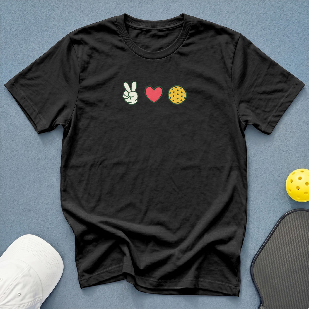 Black t-shirt with peace sign, heart, and pickleball graphic.