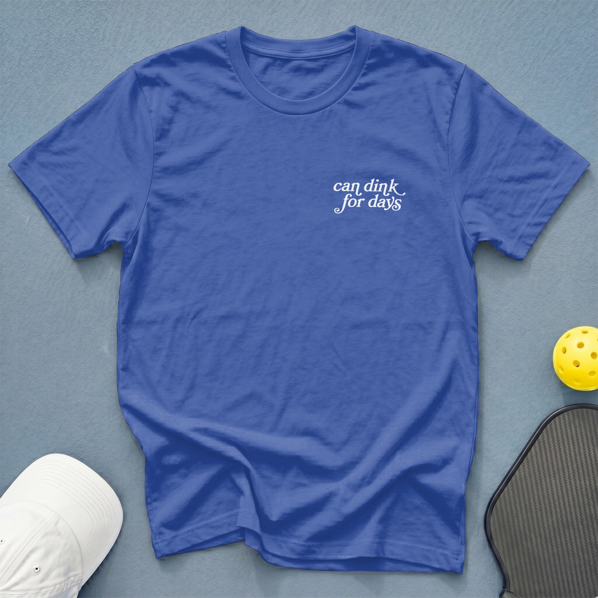 Blue t-shirt with white text "can dink for days" and pickleball accessories.